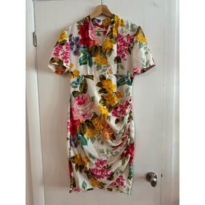 Nipon Boutique Dress Vintage Floral 100% Silk short sleeve  bright mini ruched 8